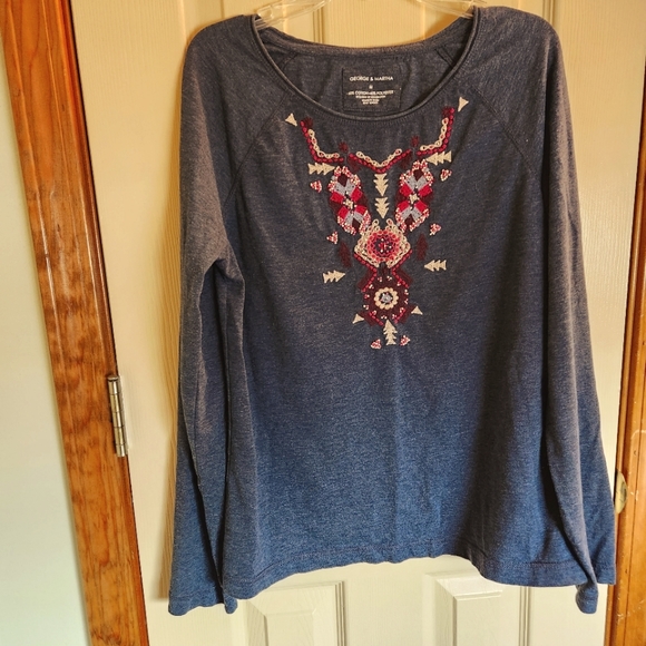 George & Martha Tops - Denim blue embroidered seed bead design long sleeve tshirt